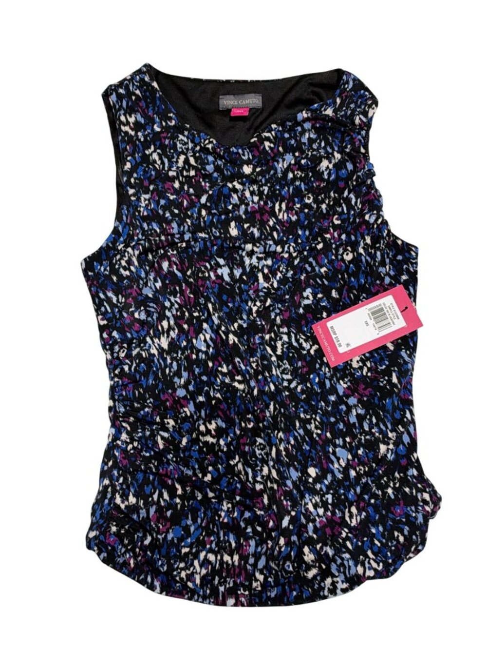 NWT Vince Camuto Blueberry Abstract Ruched Sleeveless Blouse XXS MSRP $59